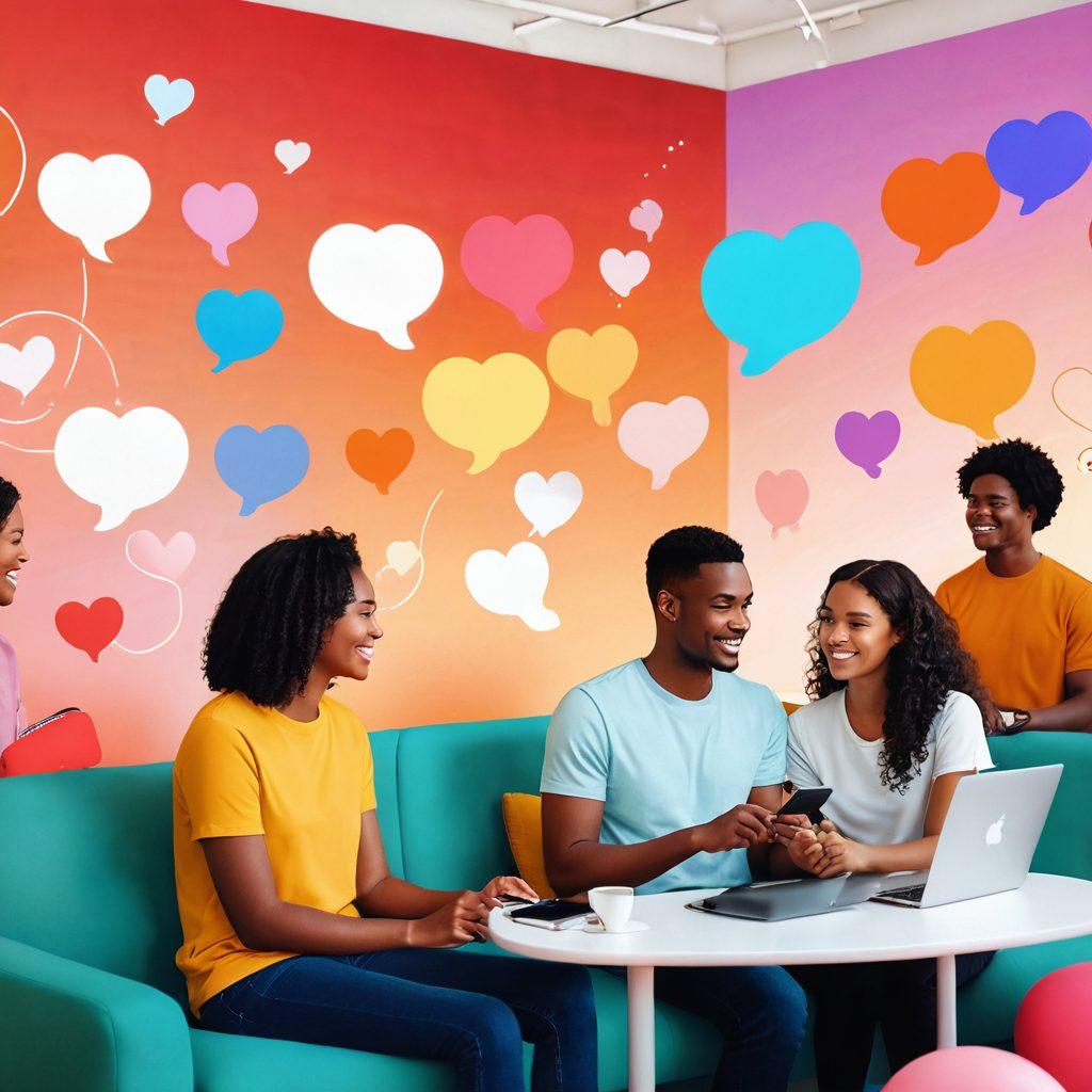 A warm, inviting digital space showcasing diverse individuals engaging in supportive interactions. Illustrate people communicating through screens, surrounded by symbols of connection like hearts, chat bubbles, and warm colors. Highlight intimacy through expressions of care and understanding, amidst a soft, abstract backdrop representing an online community. super-realistic. vibrant colors. supportive atmosphere.