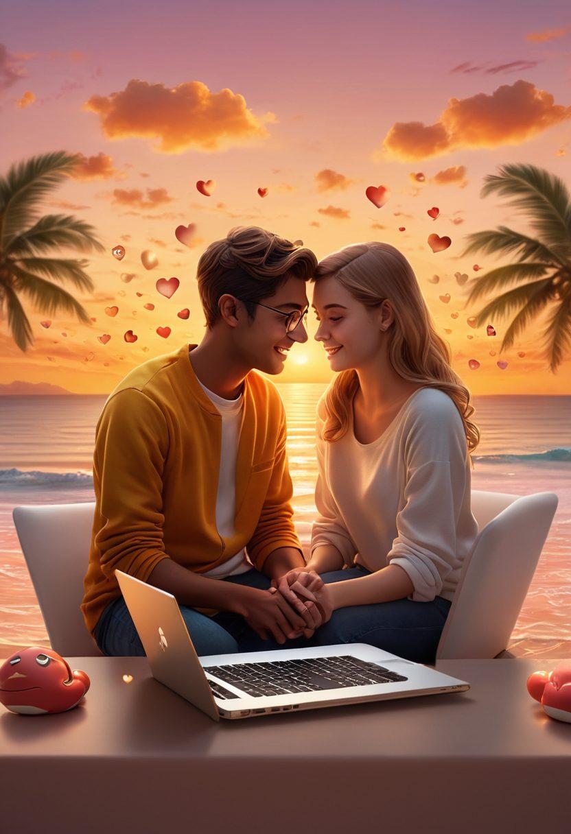 A heartwarming scene depicting two people gazing at their laptops with soft smiles, surrounded by floating heart icons and glowing emojis. In the background, a warm sunset casts a golden glow, symbolizing the transition from virtual friendship to love. Subtle hints of digital connections, like chat bubbles and social media icons, intertwine around them. super-realistic. vibrant colors. romantic atmosphere.